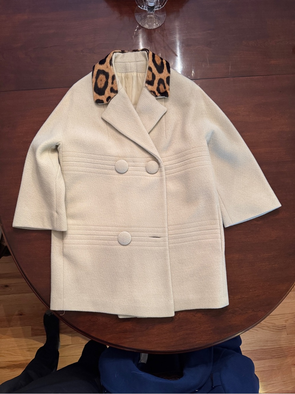 Vintage 60s Cream Pea Coat Suit with Leopard Print Collar with skirt match